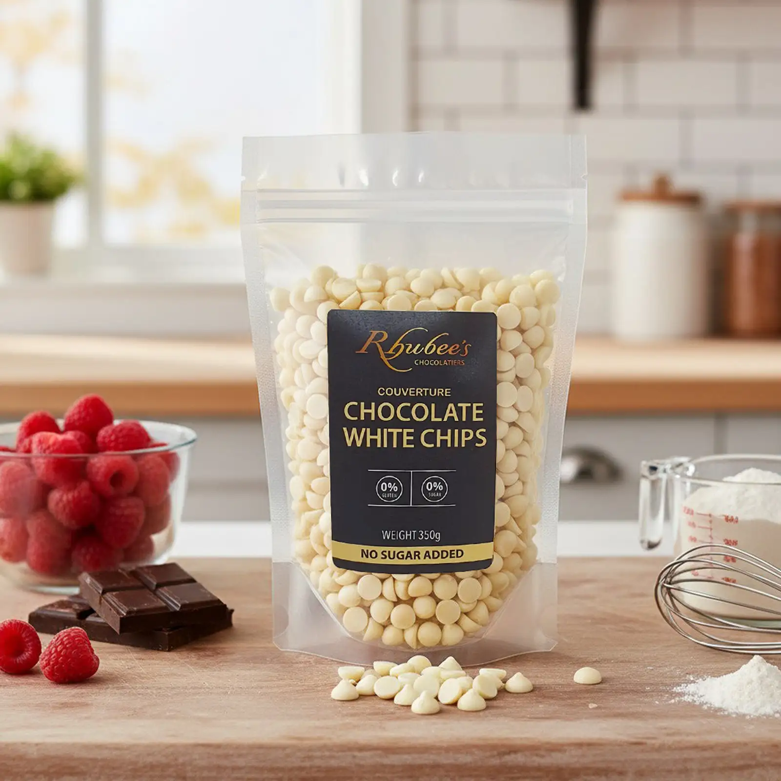 white choc chips on kitchen counter